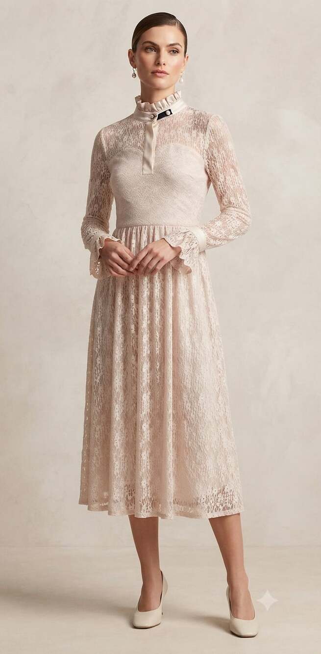 Camilla Dora Victorian Style Pink Lace Midi Dress with Ruffle High Neck